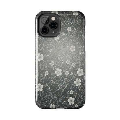 Floral Sparkle Tough Phone Case — Black & Silver Vintage Blossom