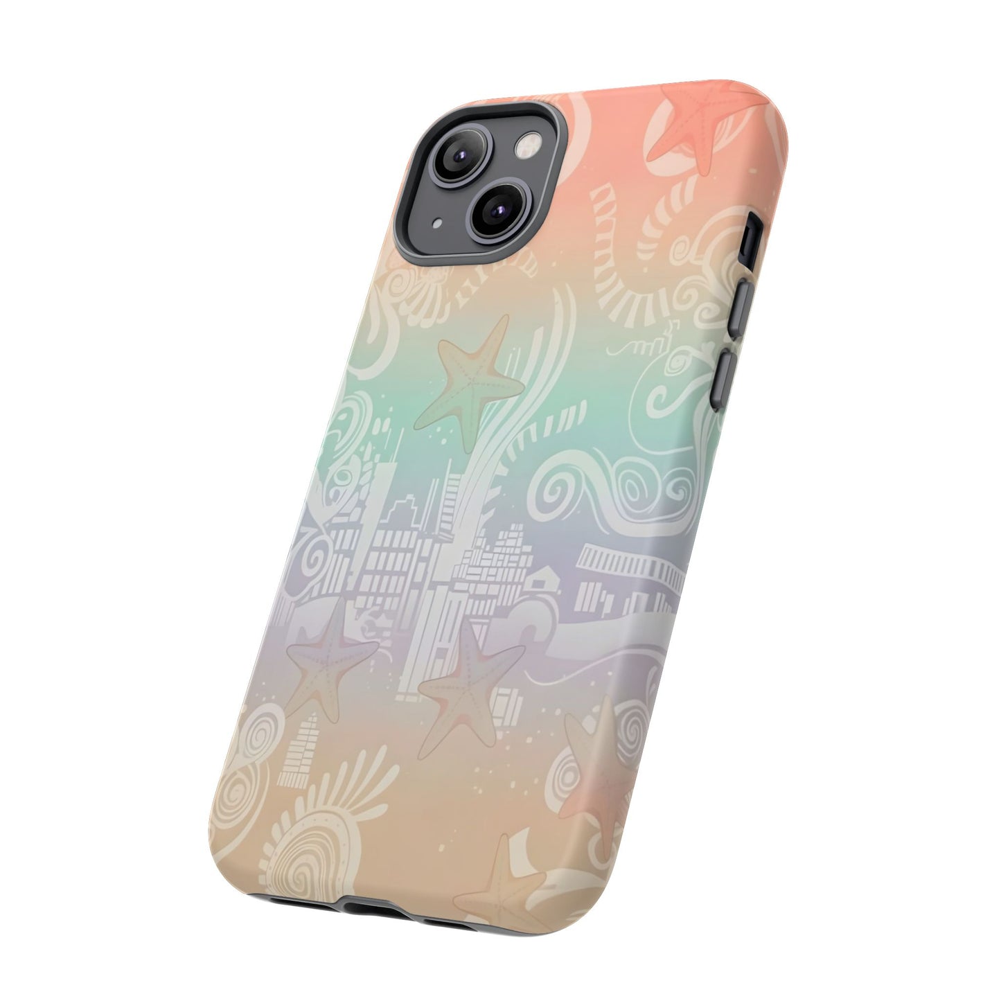 Tough Cases: Pastel Beach Pattern Phone Case — Starfish & Coastal Cityscape Protective Cover