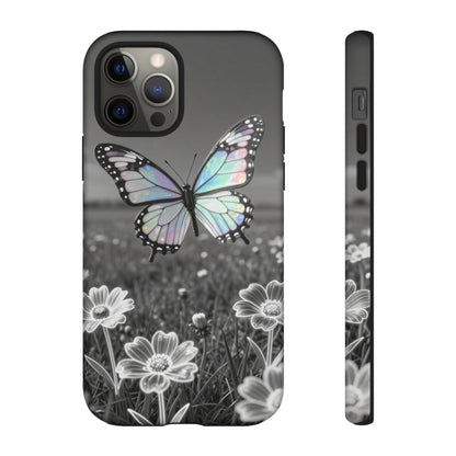 Butterfly Field Tough Phone Case — Pastel Holographic Butterfly on Black & White Floral Background