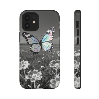 Butterfly Field Tough Phone Case — Pastel Holographic Butterfly on Black & White Floral Background