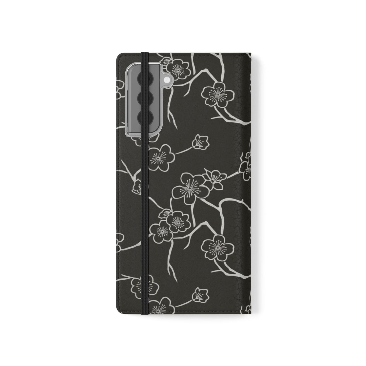 Black Cherry Blossom Flip Phone Case – Floral Wallet Flip Case with Card Slots