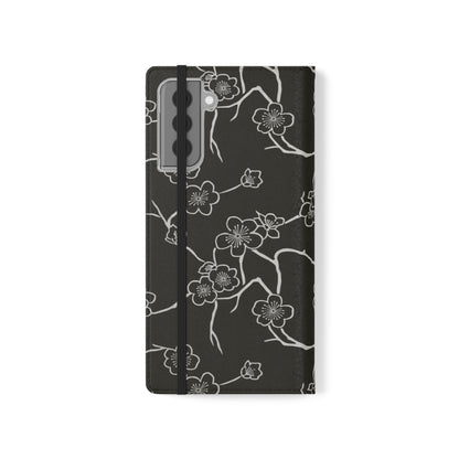 Black Cherry Blossom Flip Phone Case – Floral Wallet Flip Case with Card Slots
