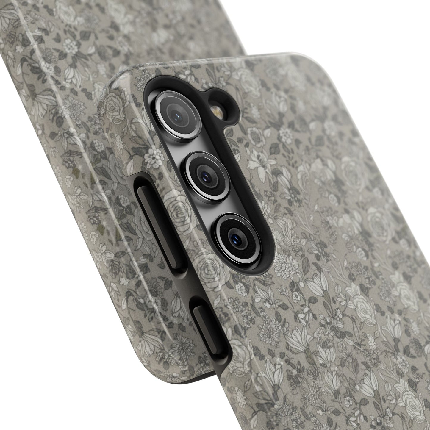 Gray Floral Tough Phone Case — Durable Protective Phone Cover with Vintage Botanical Pattern