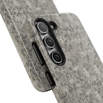 Gray Floral Tough Phone Case — Durable Protective Phone Cover with Vintage Botanical Pattern