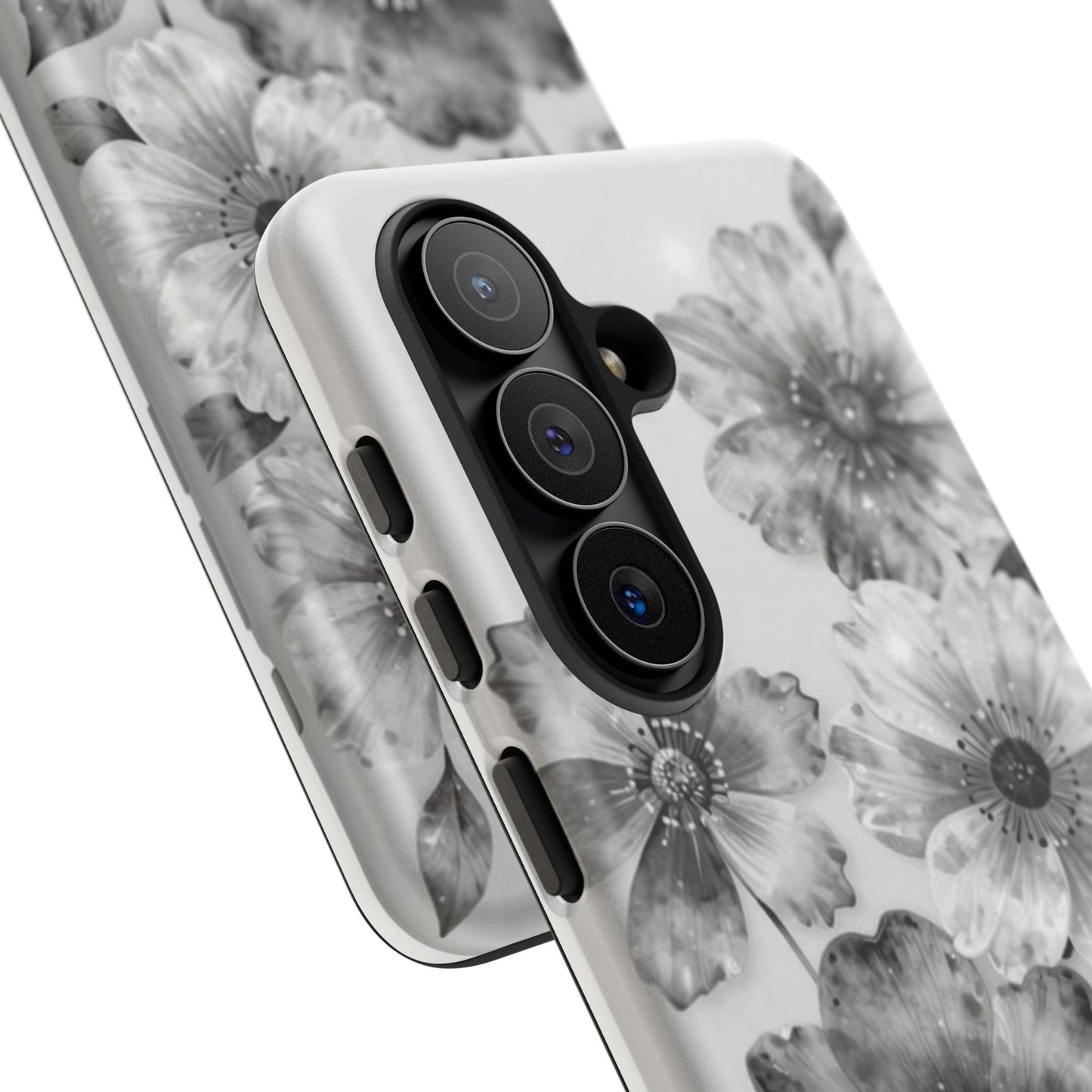 Floral Monochrome Tough Phone Case — Black & White Watercolor Flowers Protective Cover