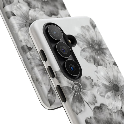 Floral Monochrome Tough Phone Case — Black & White Watercolor Flowers Protective Cover