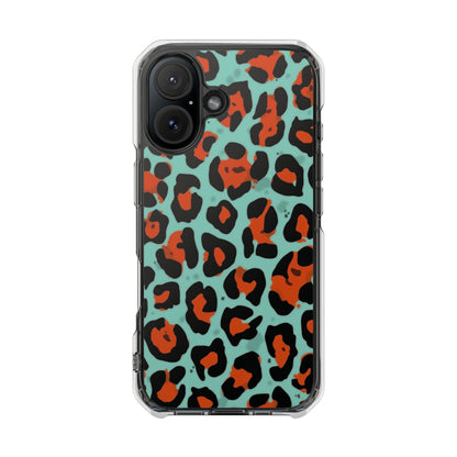 Clear Magnetic Phone Case — Teal & Rust Leopard Print