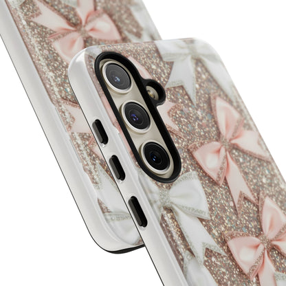 Glitter Bow Tough Phone Case — Pink & White Ribbon Protective Cover