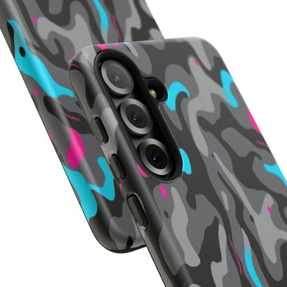Camouflage Phone Case — Gray Camo with Neon Pink & Cyan Accent Tough Protective Cover
