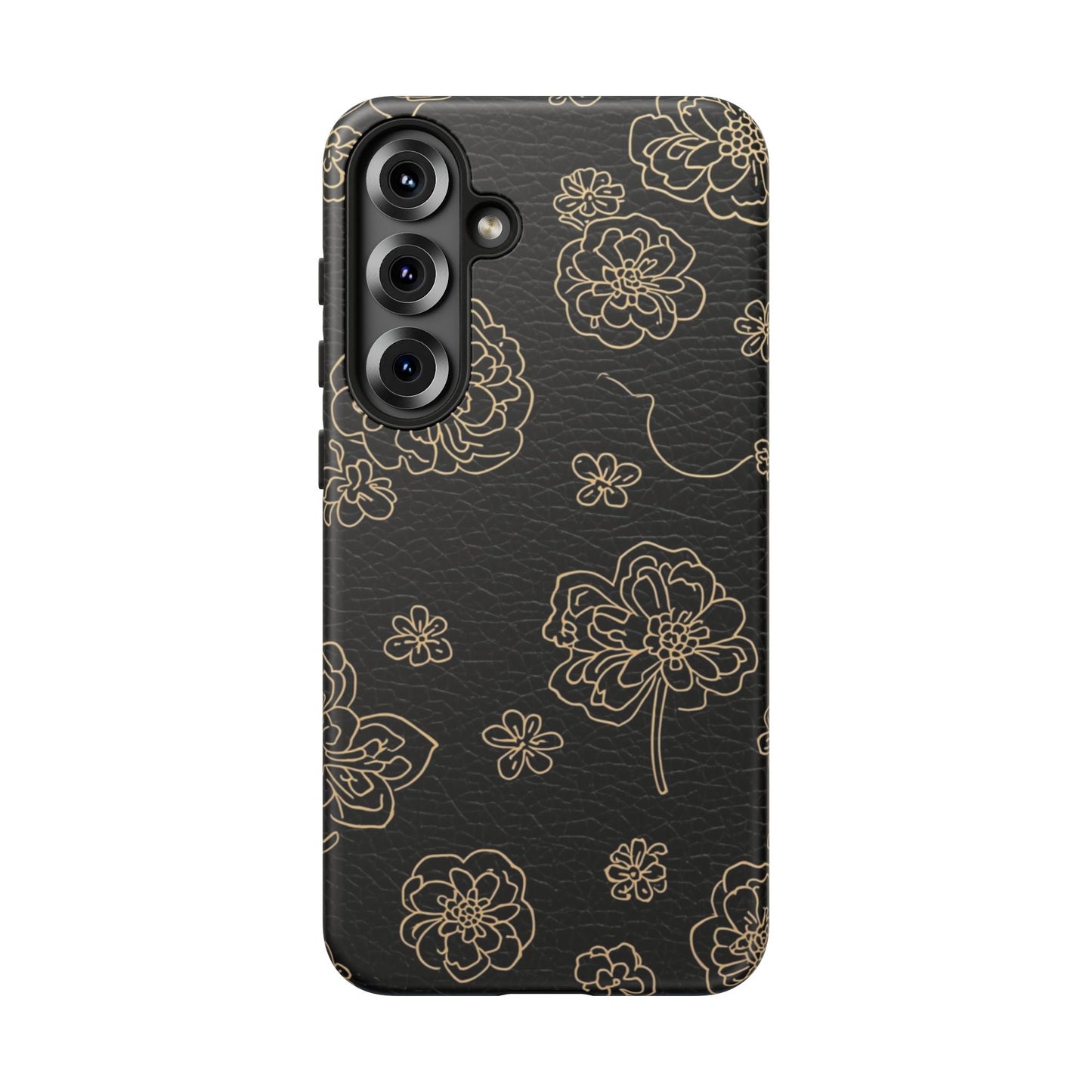 Floral Leather-Texture Tough Case – Black Gold Outline Phone Cover