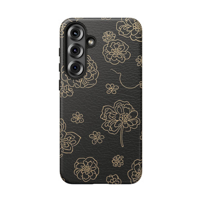 Floral Leather-Texture Tough Case – Black Gold Outline Phone Cover