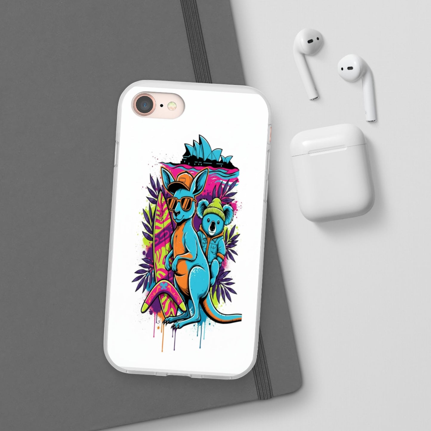 Kangaroo & Koala Surf Phone Case — Neon Aussie Beach Vibes Flexible Case
