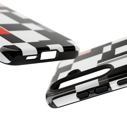 Abstract Geometric Phone Case – Black & White Checker Grid with Red Accent