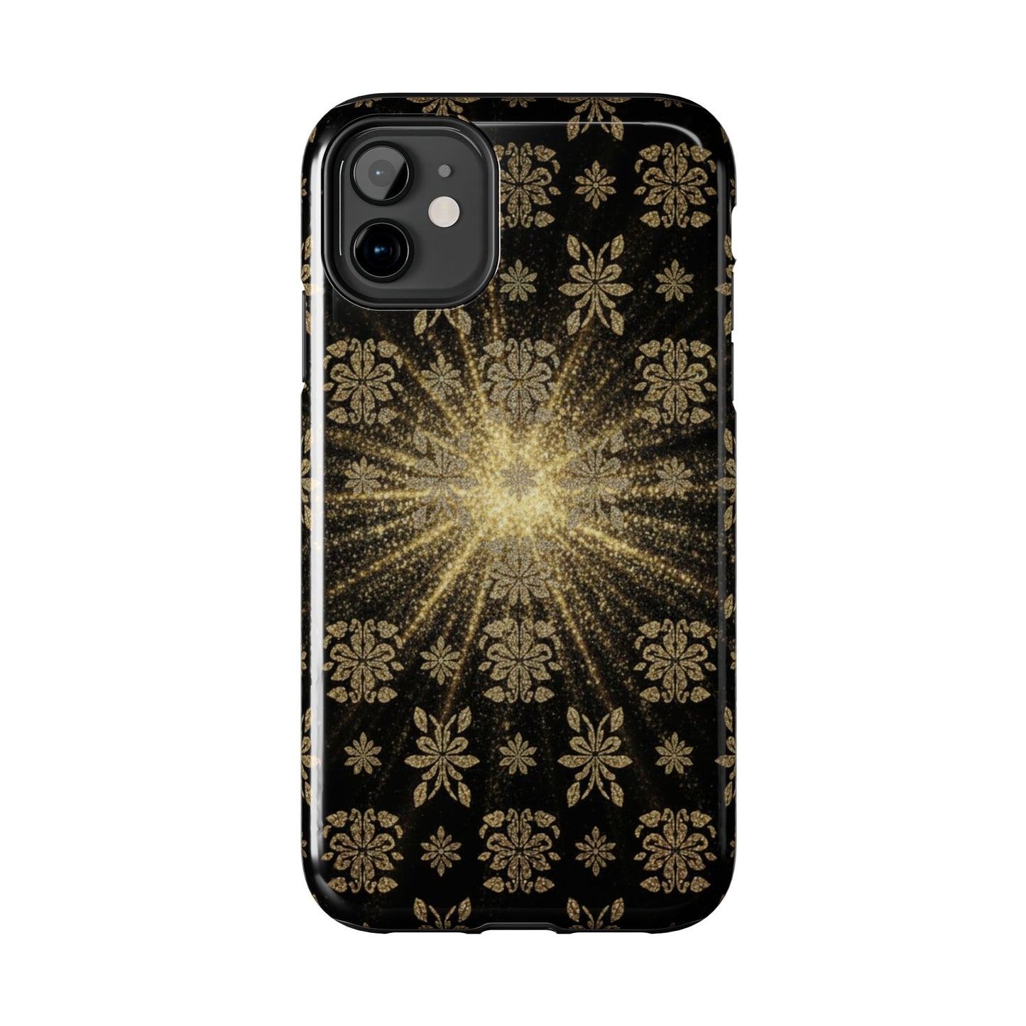 Glitter Burst Tough Phone Case — Black & Gold Floral Protective Cover