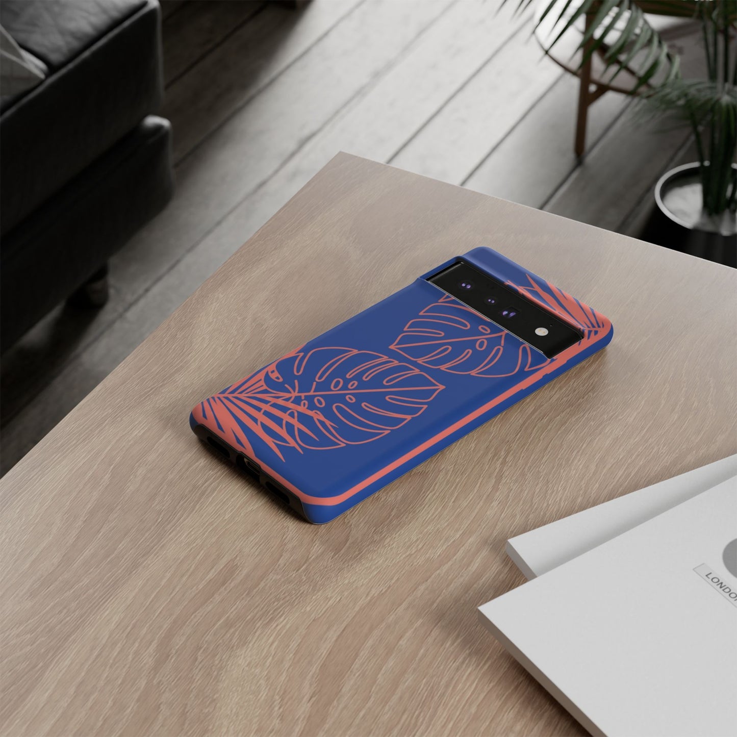 Tropical Monstera Phone Case — Blue & Coral Leaf Protective Cover