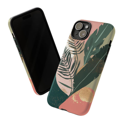 Tropical Leaf Tough Phone Case — Abstract Pink & Green Botanical Protective Cover