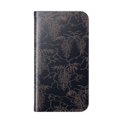 Botanical Noir Flip Phone Case — Dark Floral Wallet Cover with Card Slots