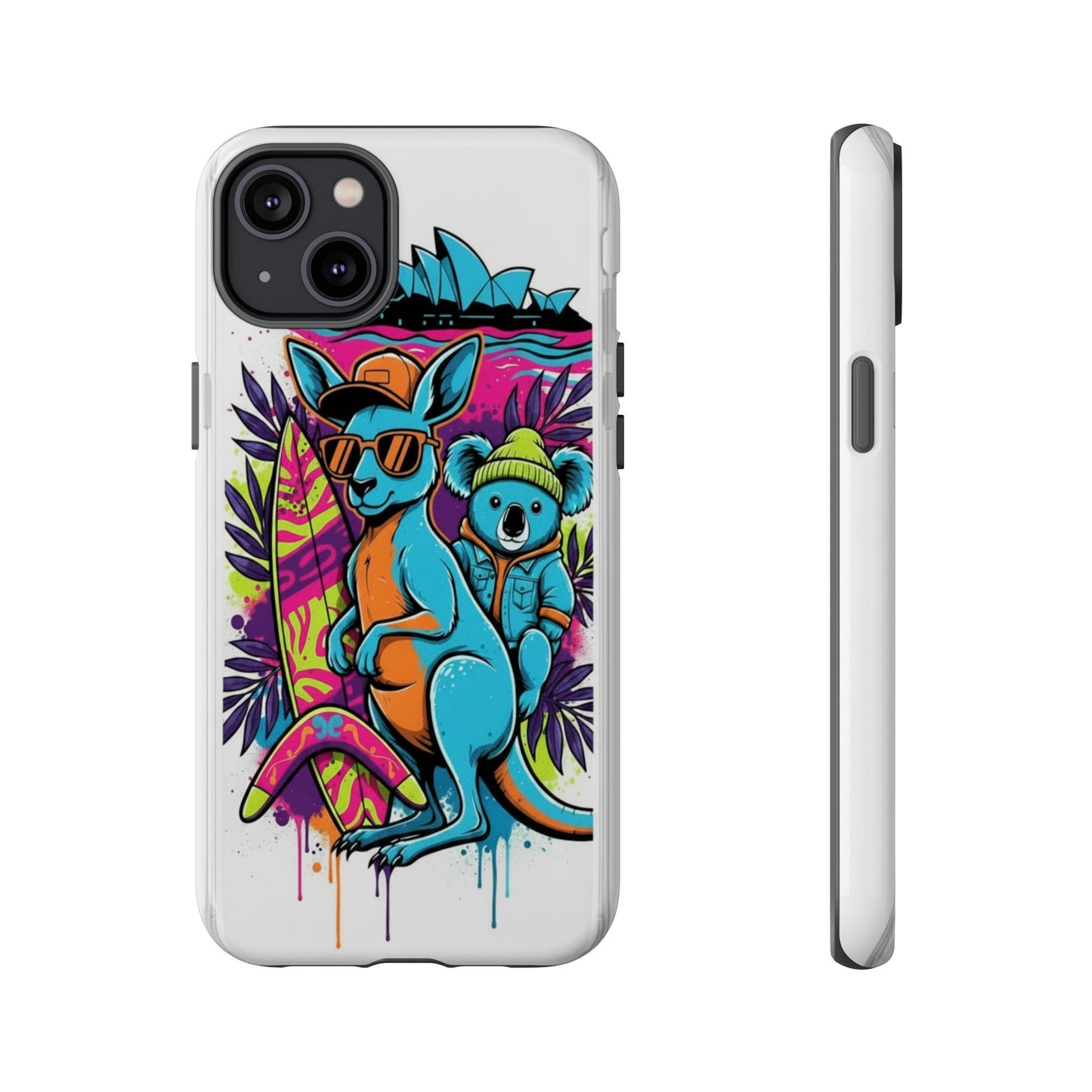 Kangaroo & Koala Surf Phone Case — Retro Neon Beach Art Tough Case