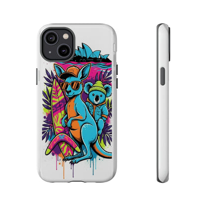 Kangaroo & Koala Surf Phone Case — Retro Neon Beach Art Tough Case