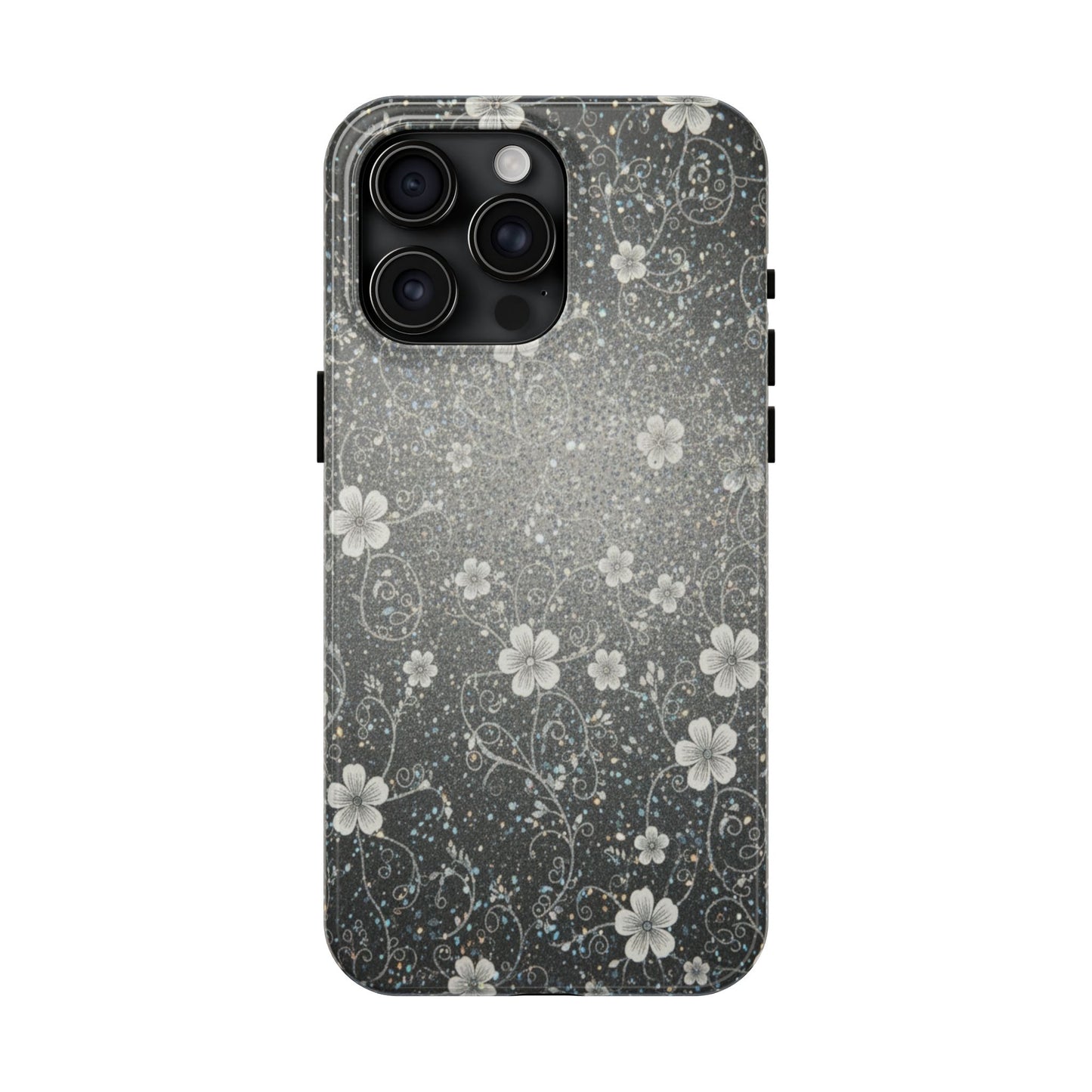 Floral Sparkle Tough Phone Case — Black & Silver Vintage Blossom
