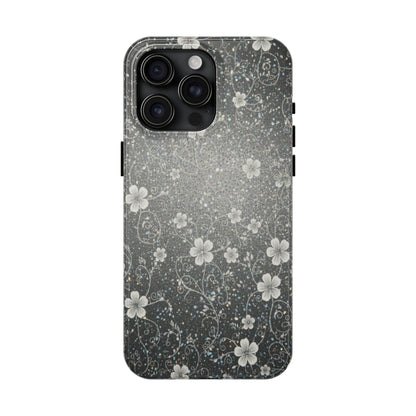 Floral Sparkle Tough Phone Case — Black & Silver Vintage Blossom