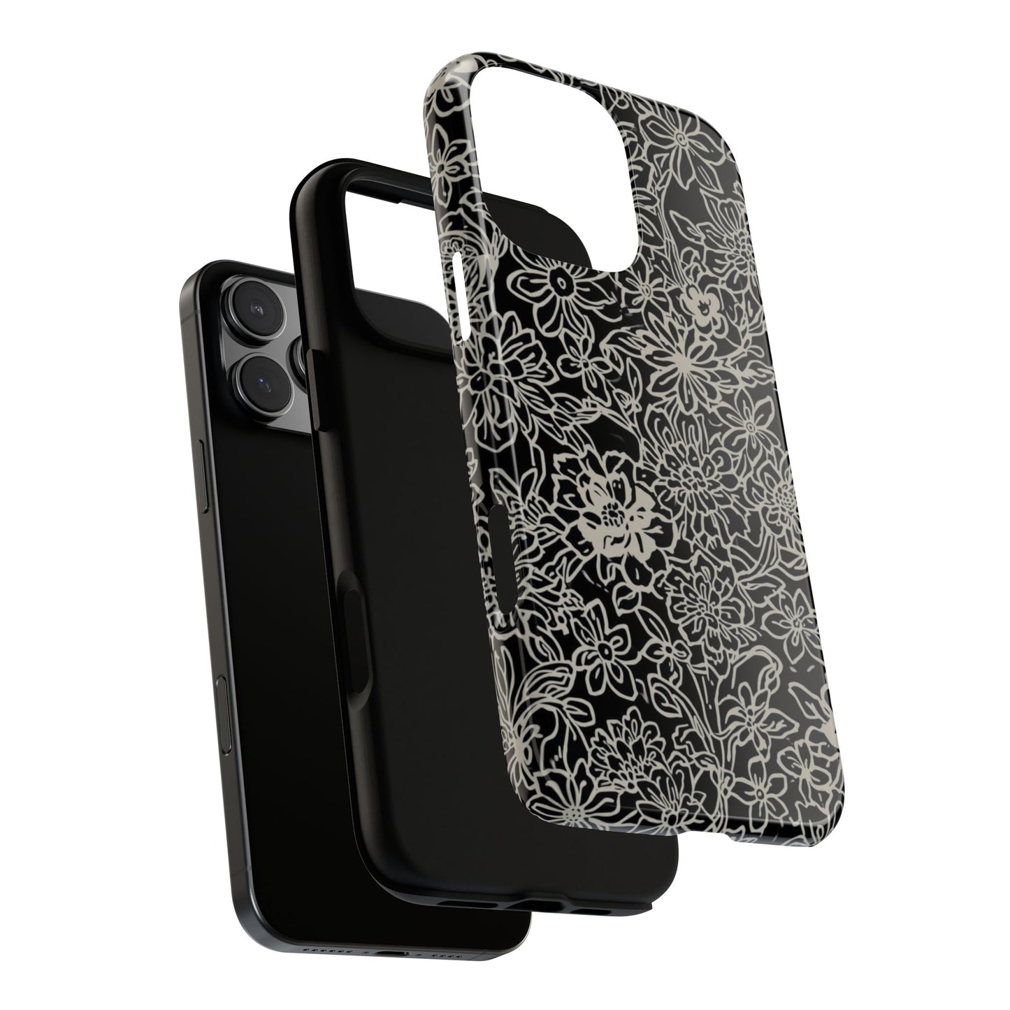 Floral Doodle Tough Phone Case — Black & White Sketch Flower Protective Cover