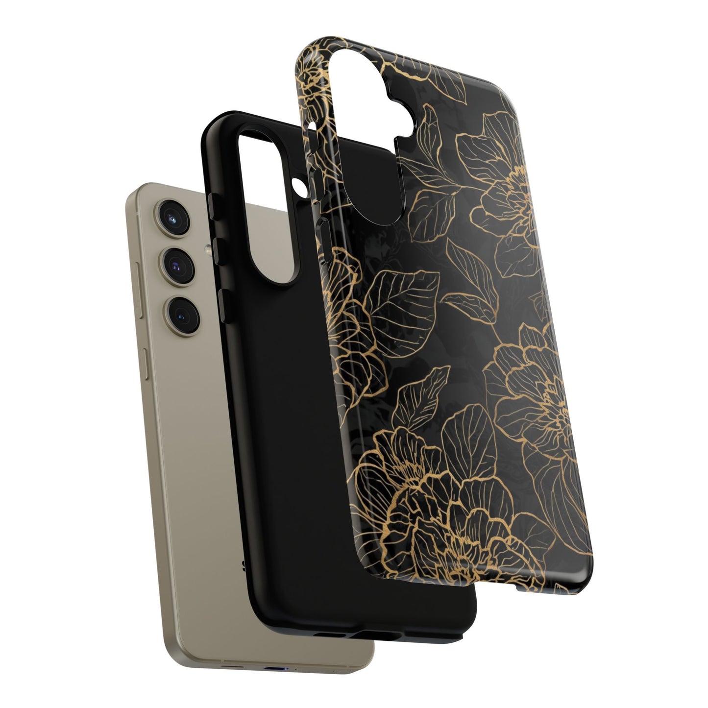 Floral Gold Outline Tough Phone Case – Black Botanical Protective Cover