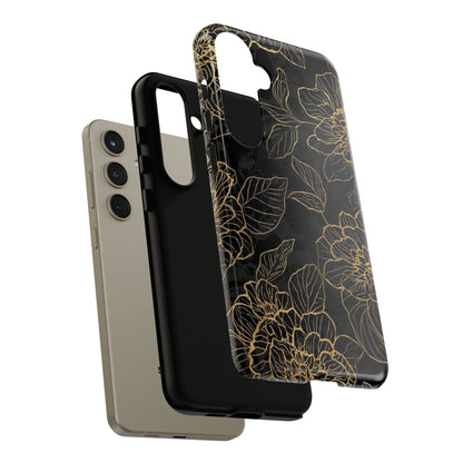 Floral Gold Outline Tough Phone Case – Black Botanical Protective Cover