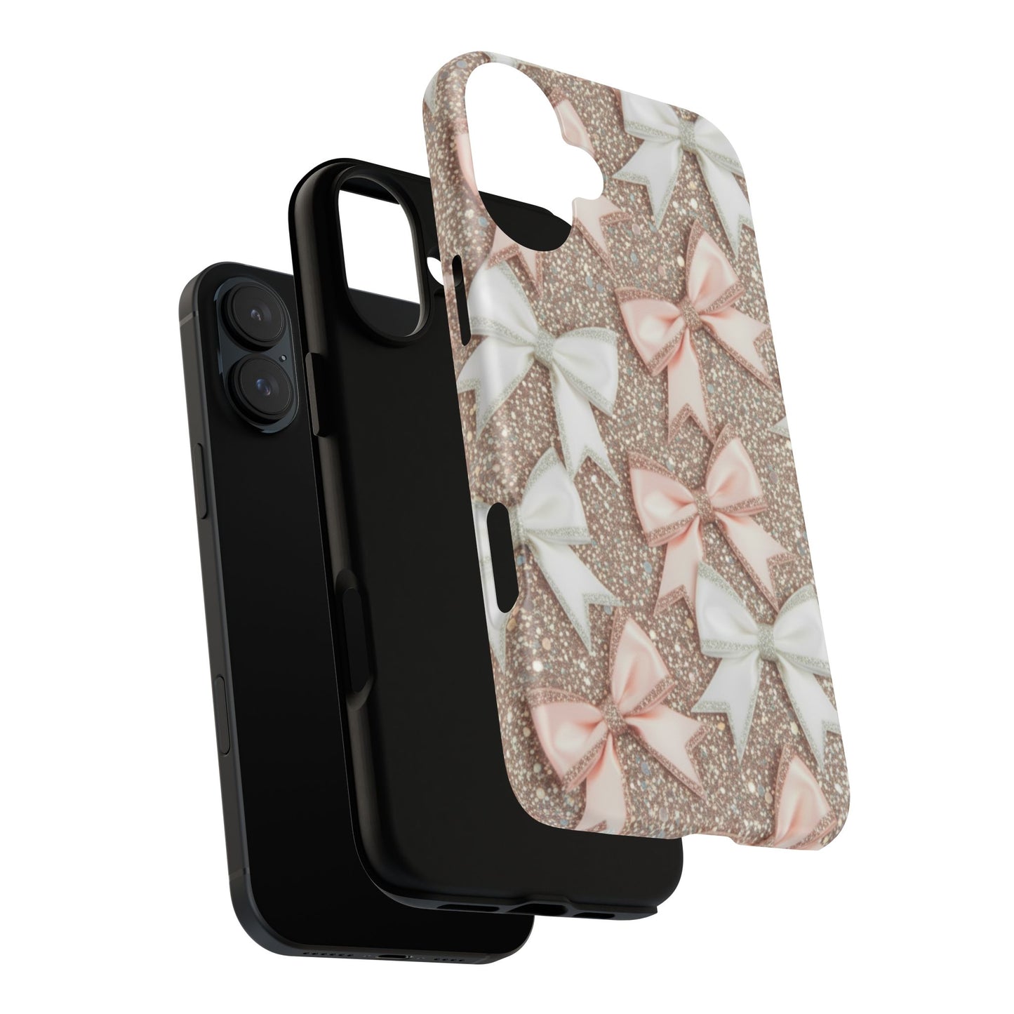 Glitter Bow Tough Phone Case — Pink & White Ribbon Protective Cover