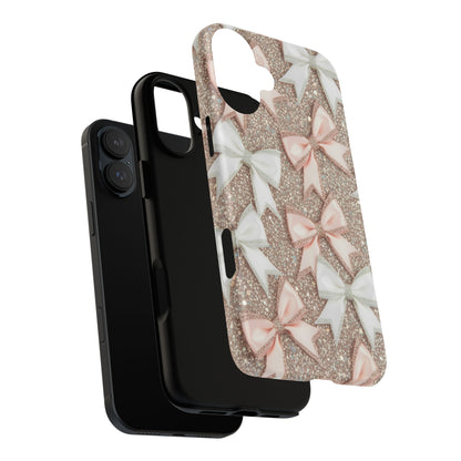 Glitter Bow Tough Phone Case — Pink & White Ribbon Protective Cover