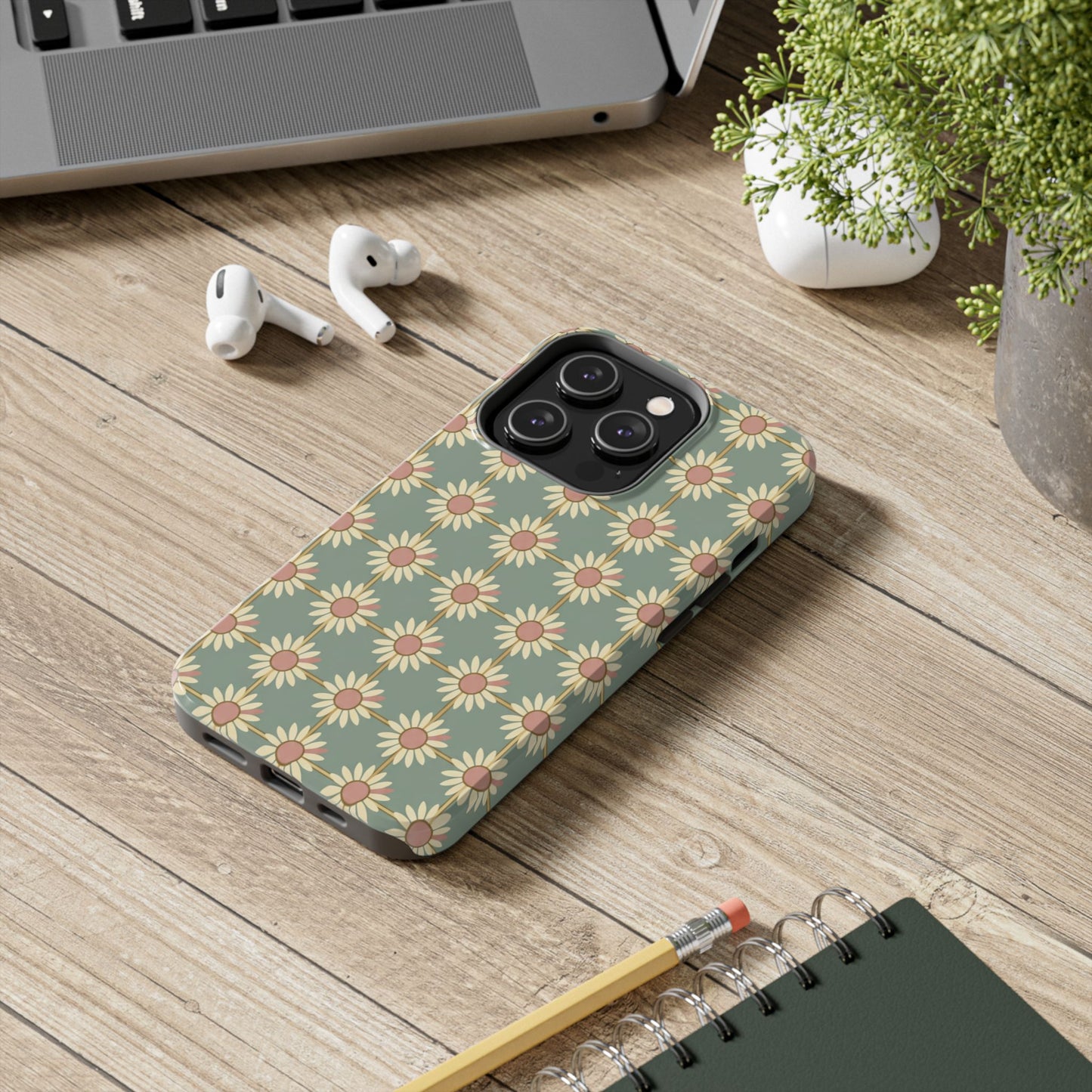 Daisy Pattern Tough Phone Case — Retro Floral Protective Cover