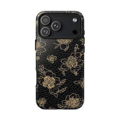 Floral Leather Phone Case — Gold Outline Flowers on Black Tough Case