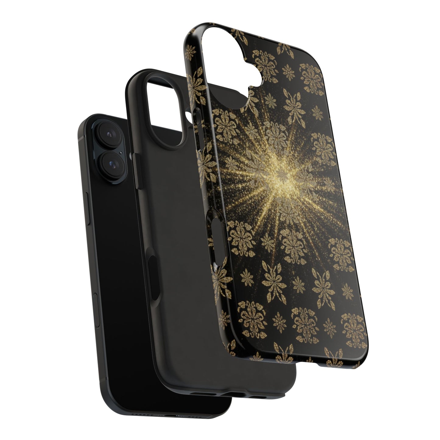Glitter Burst Tough Phone Case — Black & Gold Floral Protective Cover