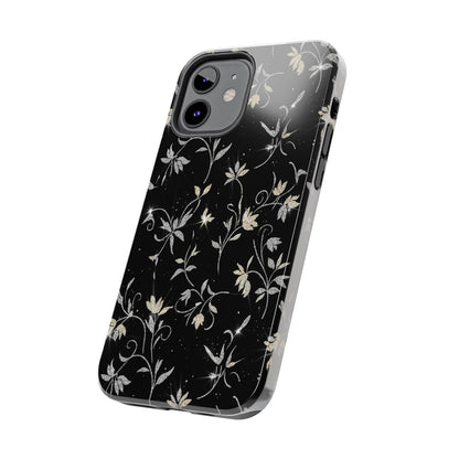 Floral Noir Tough Phone Case — Vintage Black Botanical Protective Cover