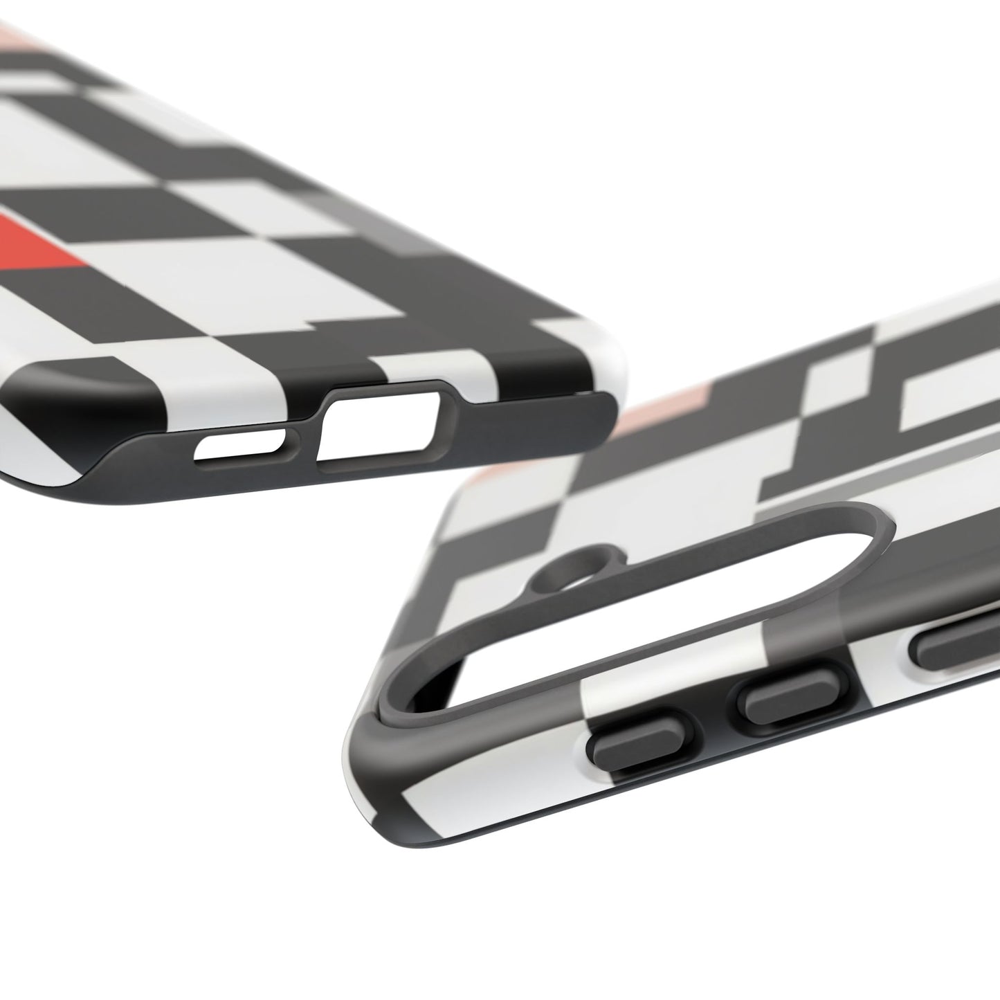 Abstract Geometric Phone Case – Black & White Checker Grid with Red Accent