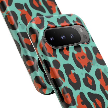 Leopard Print Tough Phone Case — Teal & Rust Protective iPhone Cover