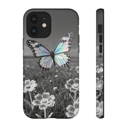 Butterfly Field Tough Phone Case — Pastel Holographic Butterfly on Black & White Floral Background