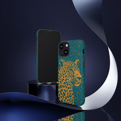 Leopard Print Tough Phone Case — Gold Panther on Teal, Protective iPhone Cover
