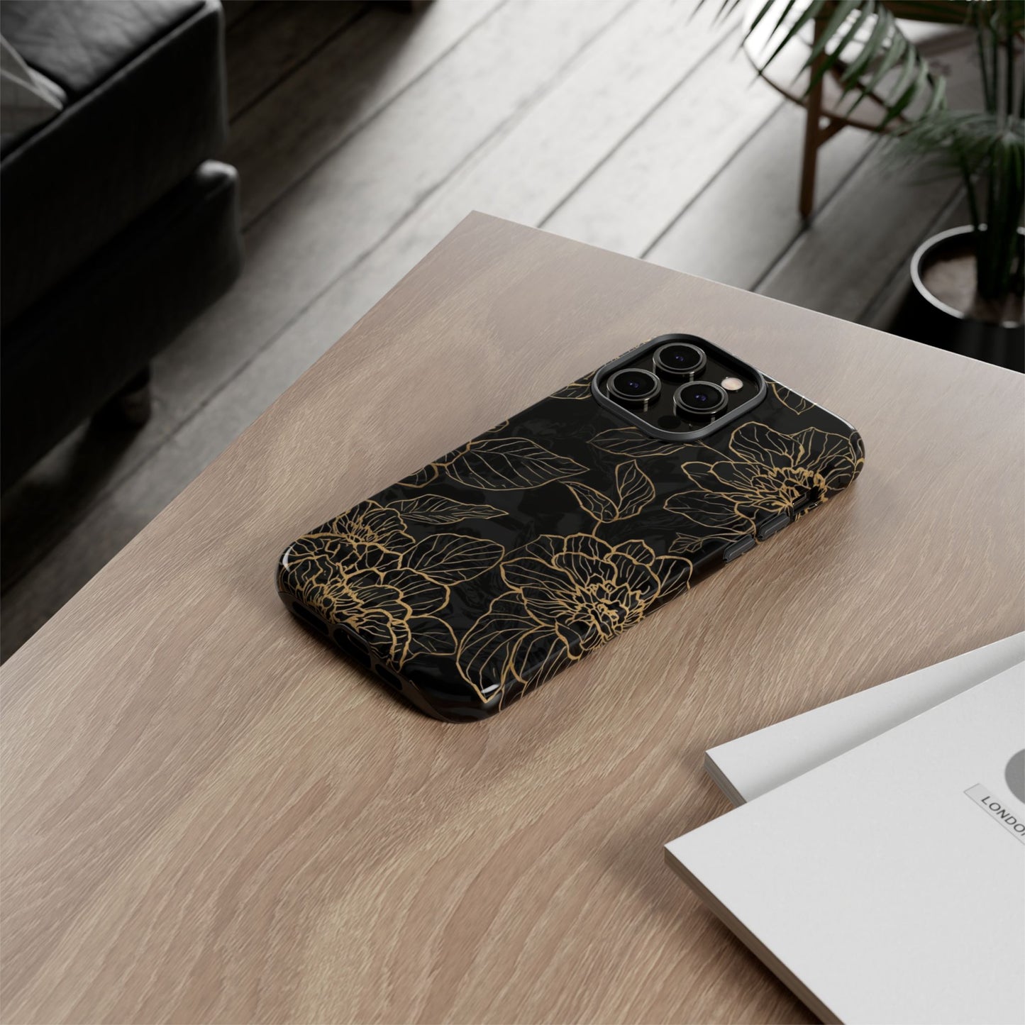 Floral Gold Outline Tough Phone Case – Black Botanical Protective Cover