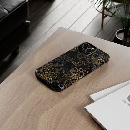 Floral Gold Outline Tough Phone Case – Black Botanical Protective Cover