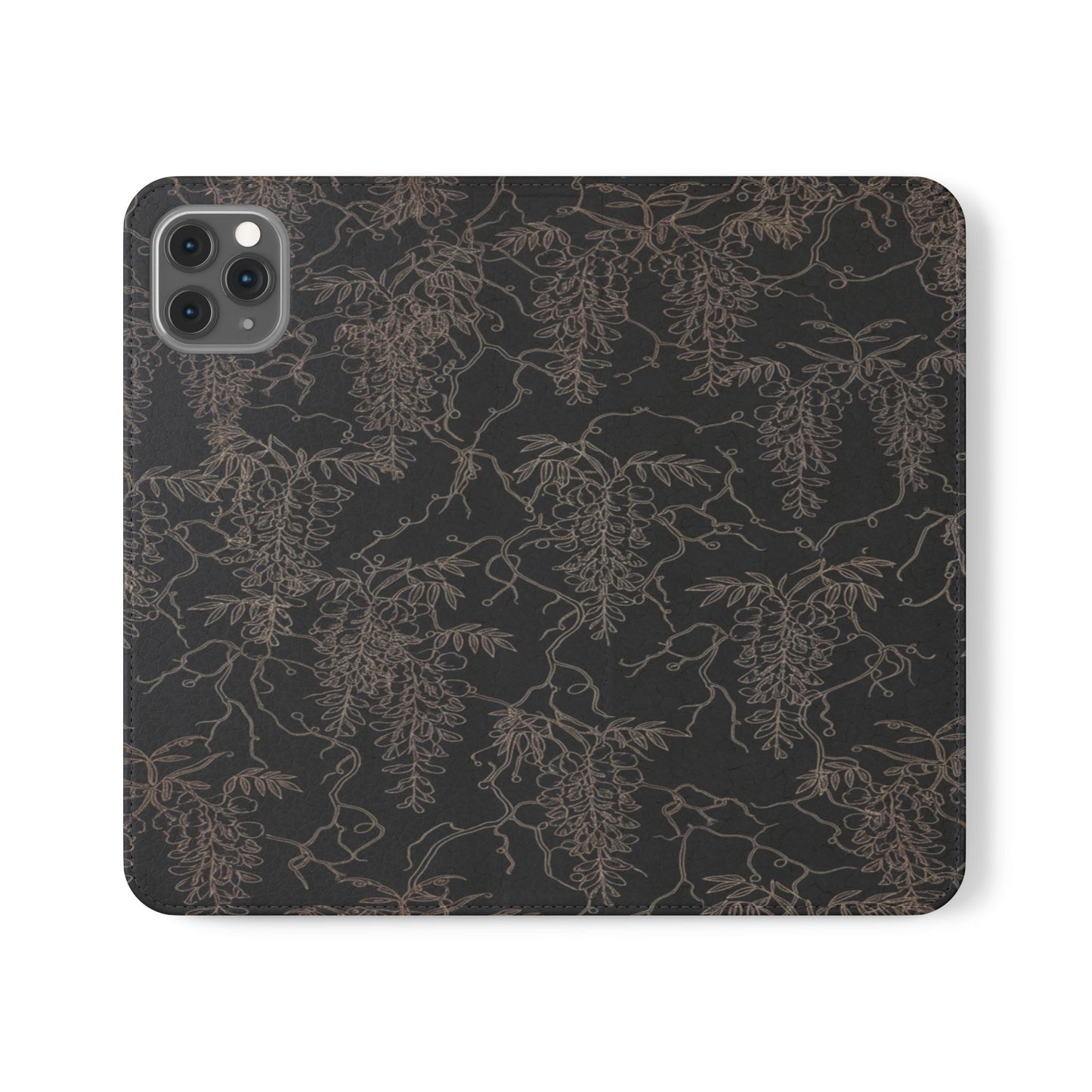 Botanical Noir Flip Phone Case — Dark Floral Wallet Cover with Card Slots