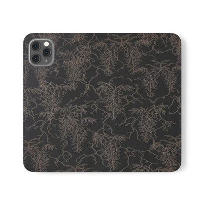 Botanical Noir Flip Phone Case — Dark Floral Wallet Cover with Card Slots