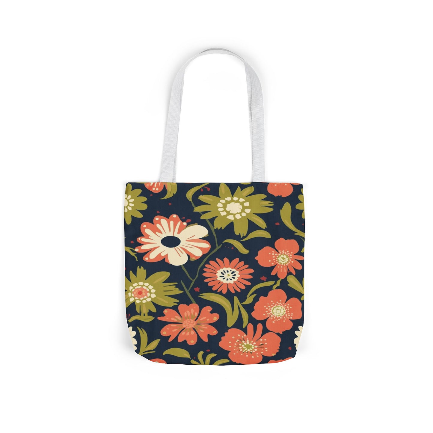 Floral Canvas Tote Bag — Retro Orange & Olive Flower Pattern