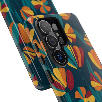Floral Retro Teal Tough Phone Case — Vibrant Orange & Mustard Blooms
