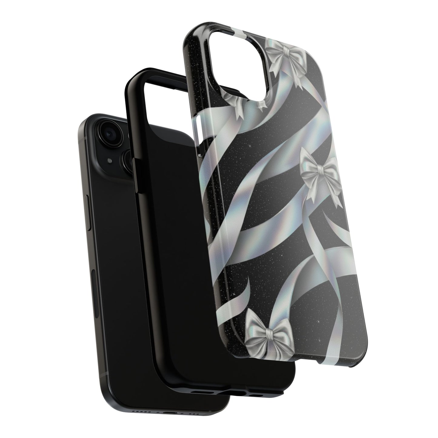 Silver Ribbon Bow Tough Phone Case — Glitter Black Protective Phone Case