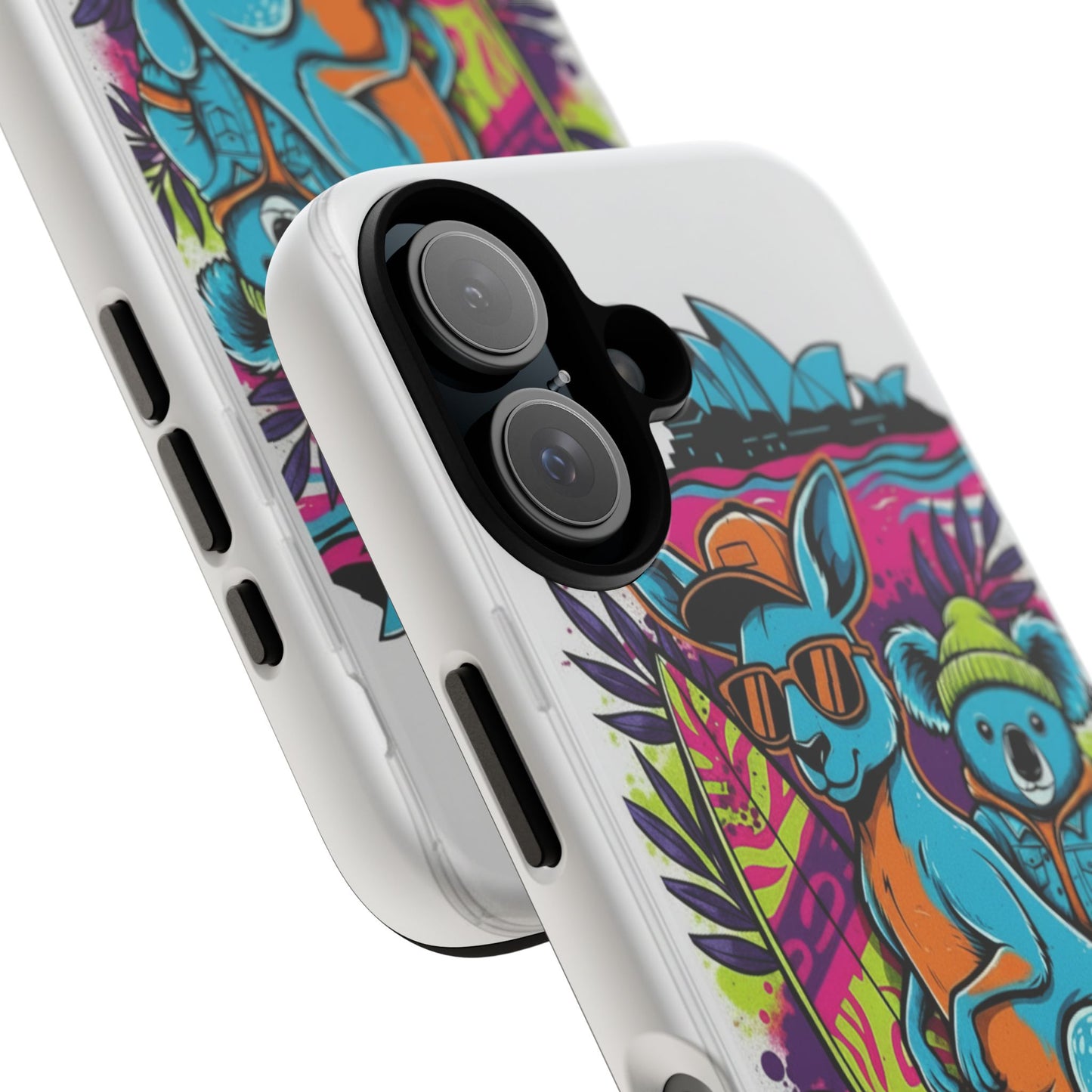 Kangaroo & Koala Surf Phone Case — Retro Neon Beach Art Tough Case
