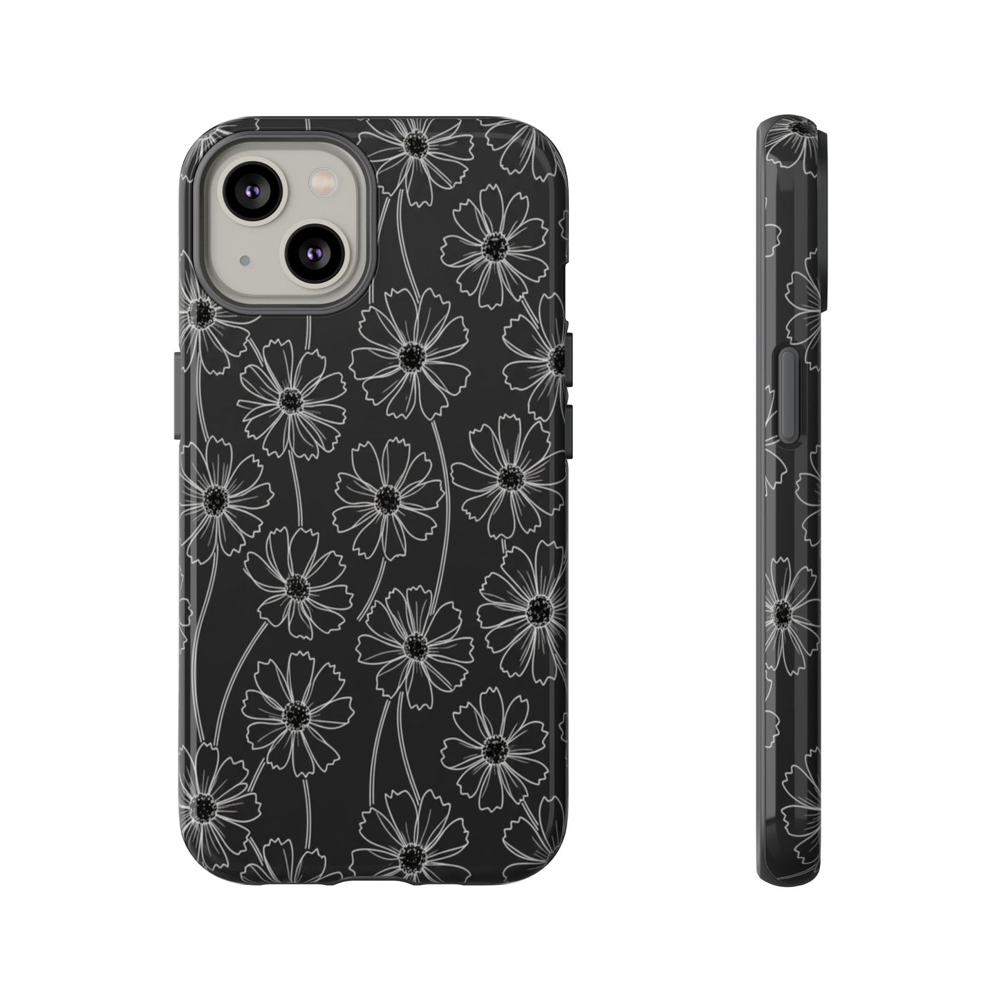 Floral Doodle Tough Phone Case — Black & Gray Daisy Pattern