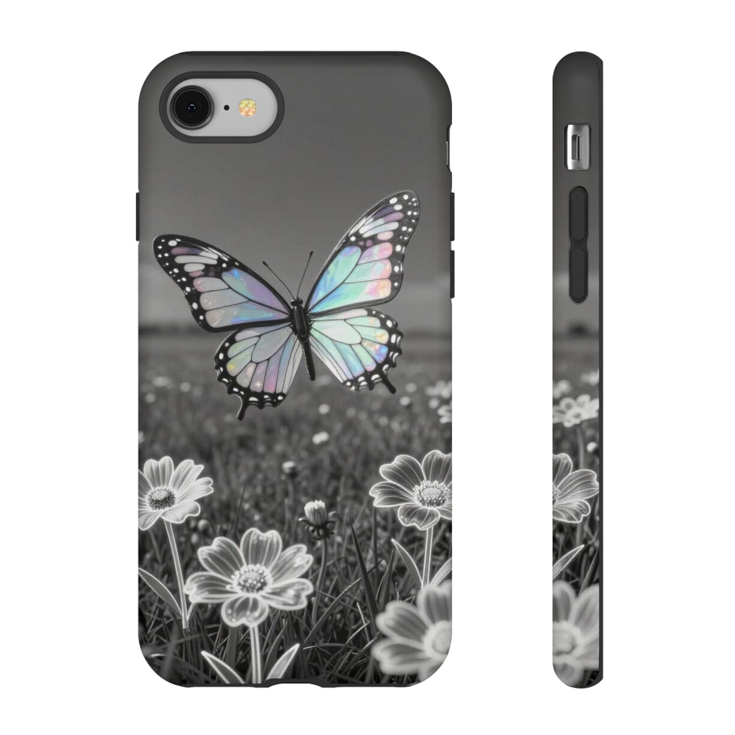 Butterfly Field Tough Phone Case — Pastel Holographic Butterfly on Black & White Floral Background
