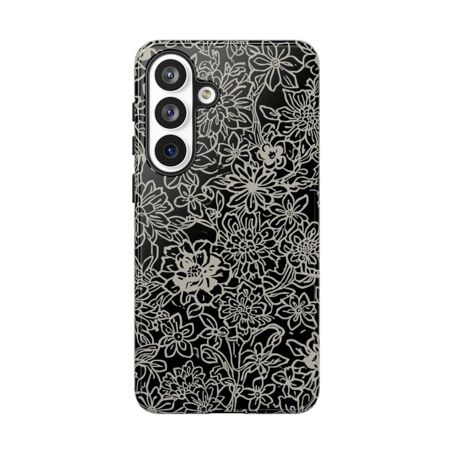 Floral Doodle Tough Phone Case — Black & White Sketch Flower Protective Cover