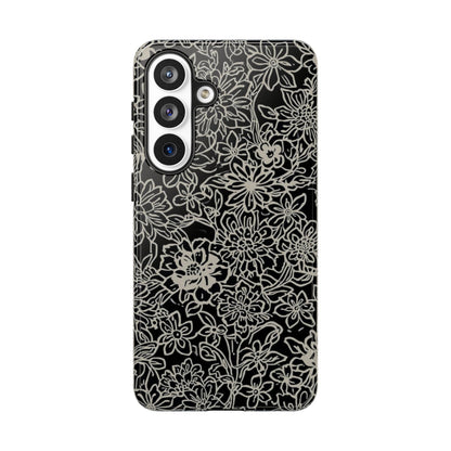 Floral Doodle Tough Phone Case — Black & White Sketch Flower Protective Cover